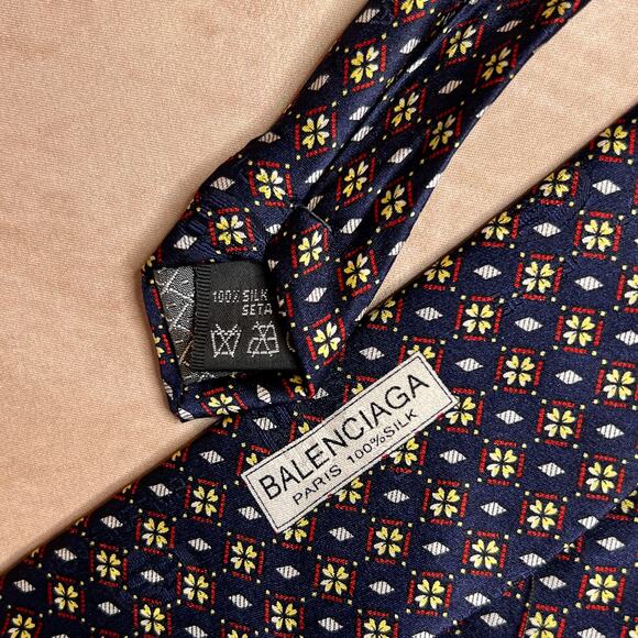 Balenciaga Paris Natural Silk Neck Tie Navy Geometric Vintage Formal Designer - Picture 3 of 8